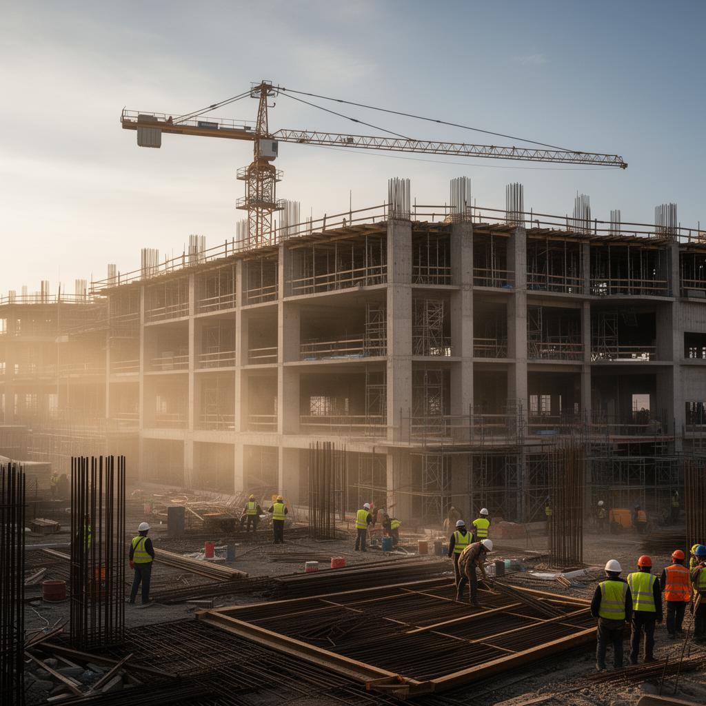 Bâtiment — Chantier en élévation. Tour commerciale en gros œuvre, livrée en systèmes intégrés.