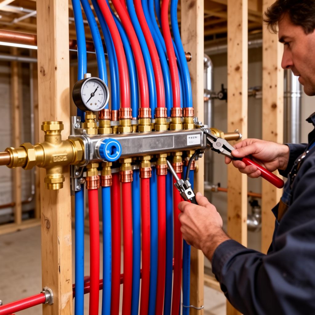 Plomberie PEX — Installation PEX en chantier. Pose de réseaux PEX rouge/bleu sur collecteur en local technique.